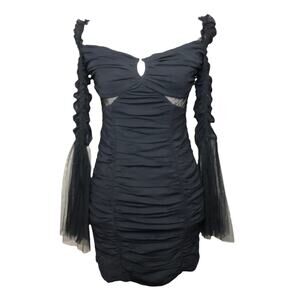 Self Portrait Dress Stretch Ruched Flared Sleeve Mini Dress Cutout Tulle 4